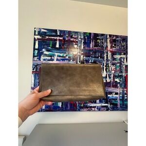 B. May Leather Foldover Clutch Bag in Pewter Orne